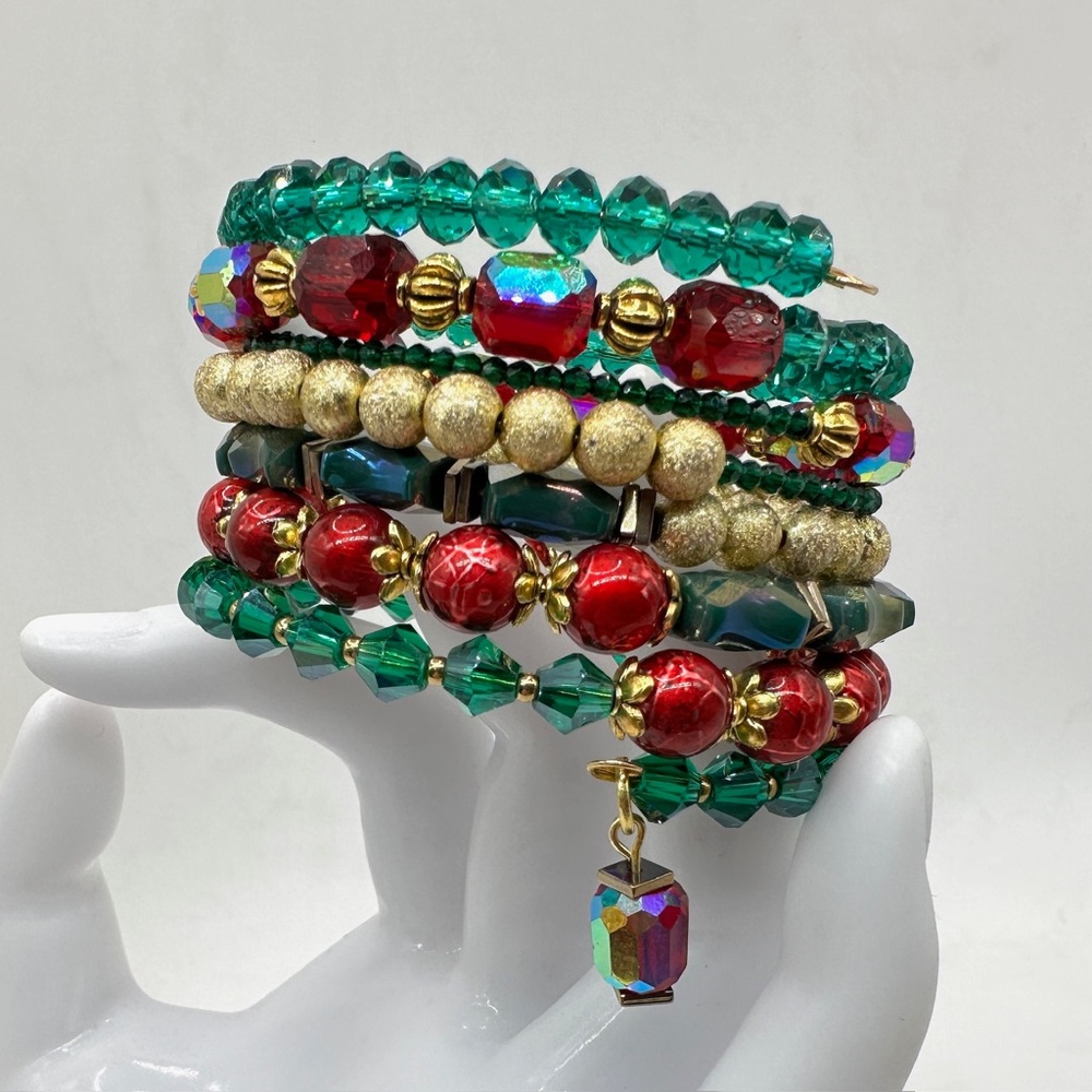 Handmade beaded Christmas bracelet on memory wire multi layer wrap